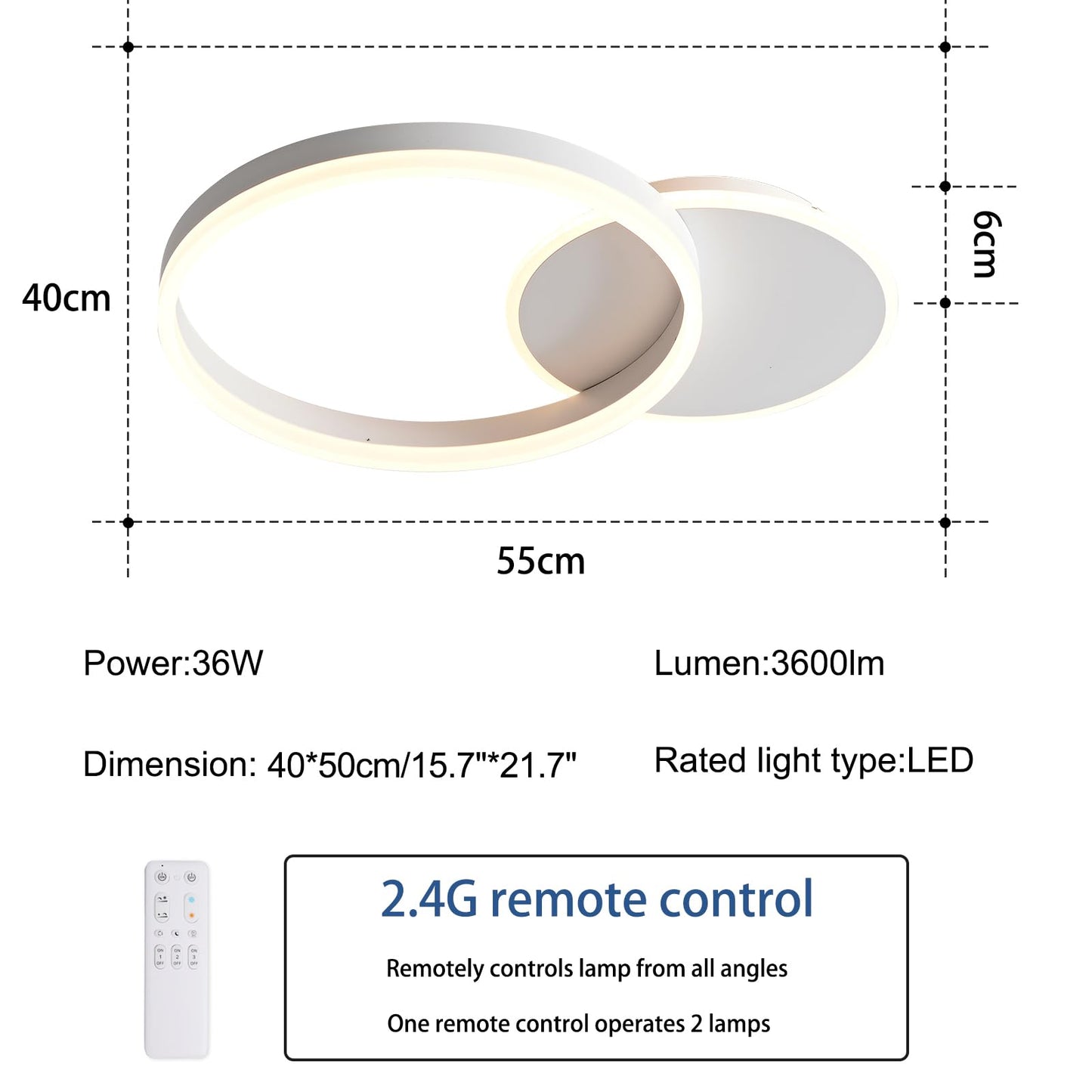 KAUCQI LED Ceiling Light, Creative LED Ceiling Lamp, 36W 3600lm, Dimmable with Remote Control 3000K-6000K, Modern Ceiling Lights for Living Room, Bedroom, Hallway, 2 Rings 55 * 40 * 6CM