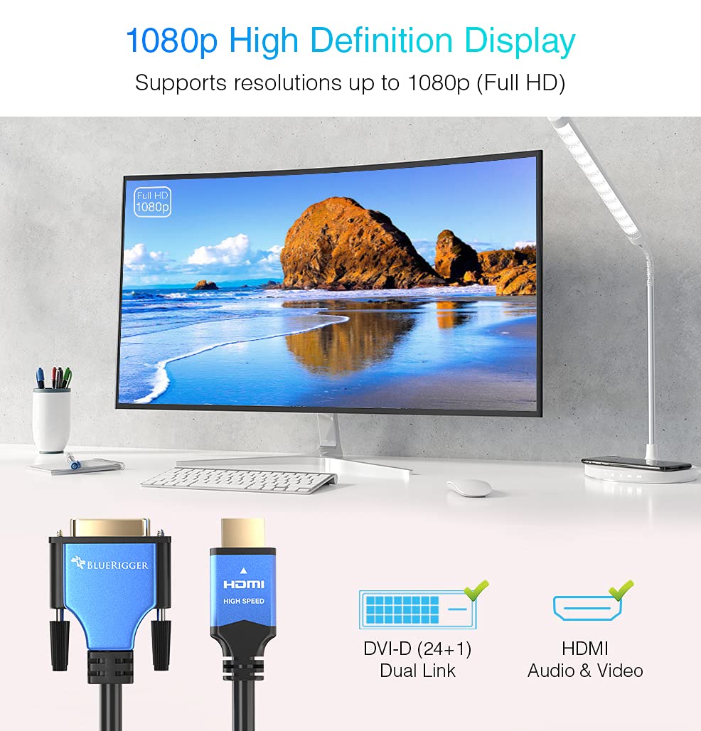 BlueRigger HDMI to DVI Cable 1M (High-Speed, Bi-Directional Adapter Male to Male, DVI-D 24+1, 1080p, Aluminum Shell) - Compatible with Raspberry Pi, Xbox One, PS5/PS4, Graphics Card