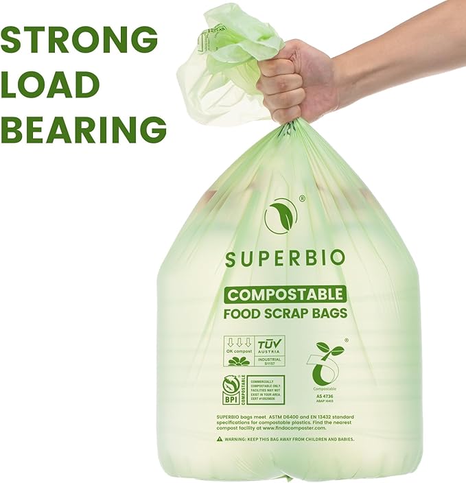 SUPERBIO 13 Gallon Compostable Kitchen Waste Bags, 1 Pack, Flat top Food Scrap