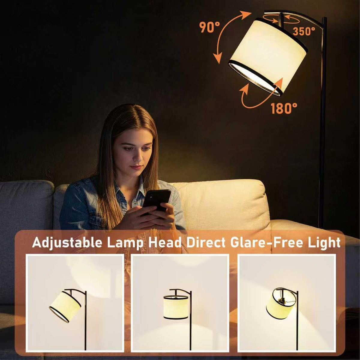 runjuly Floor Lamp with Table, Side Table with Lamp Attached, Narrow End Table with LED Lights and Charging Station, Nightstand with Wood Drawer for Living Room, Bedroom, Rustic Brown