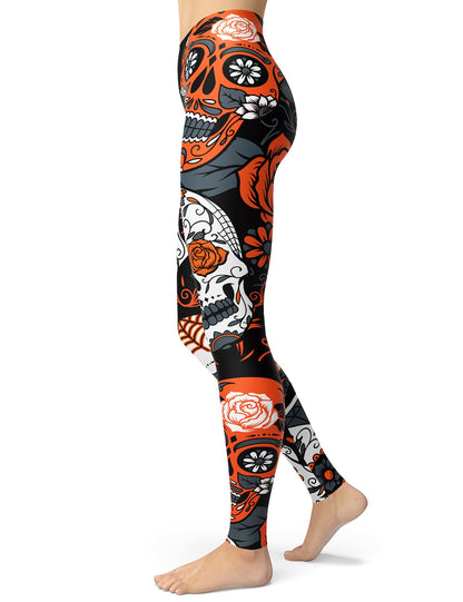 sissycos Women's Sugar Skull Leggings Buttery Soft Rose Printed Halloween Stretchy Pants (Large, Orange)