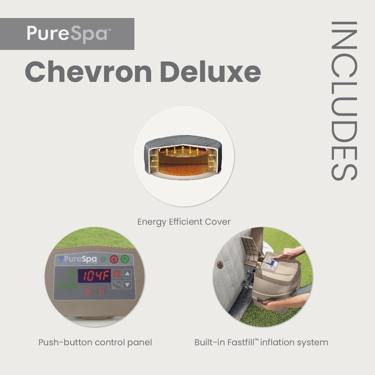 INTEX 28445EH 4 Person PureSpa Chevron Deluxe Outdoor Inflatable Portable Hot Tub, Includes Energy Efficient Spa Cover, Spa Control App, Saltwater System Ready, 69" x 69" x 28"