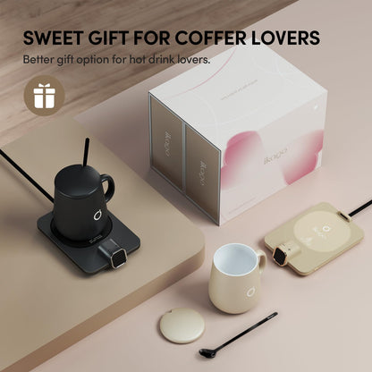 Coffee Mug Warmer Set, Temperature Control Smart Heated Mug for Desk, Electric Coffee Warmer with Auto Shut Off & Real-Time Temp Display, Gifts for Men Women, 15oz, Beige