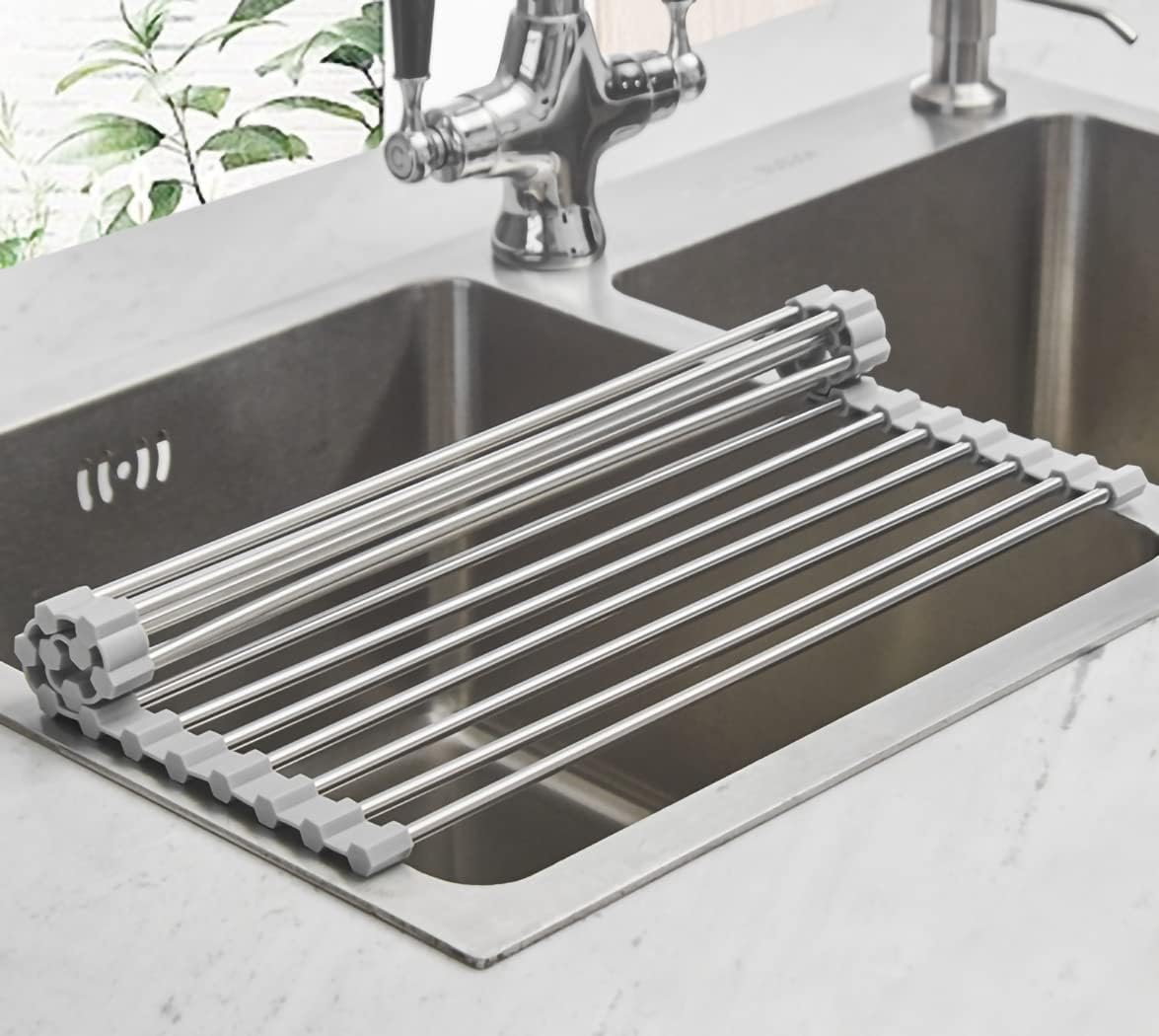 Ahyuan Roll up Dish Drying Rack Over The Sink Kitchen Roll up Sink Drying Rack Portable Dish Drainer Foldable Dish Drying Rack (Warm Gray, 17.8''X17'')