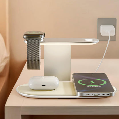4-in-1 for Magsafe Wireless Charging: 15W Qi Magnetic Fast Charger Station Pad with Night Light for iPhone 17 16 15 14 13 12 Pro Max-for Apple Watch and AirPods Series-Desk Nightstand Bedside, Silver