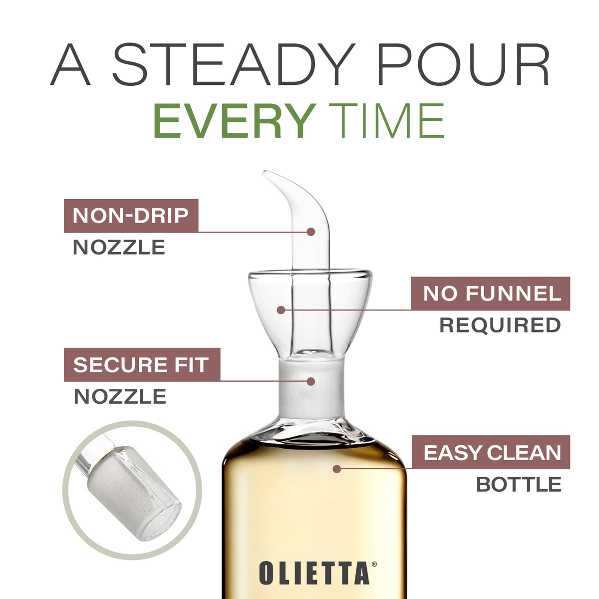 Olietta Olive Oil Dispenser Bottle Borosilicate Glass - 17 oz 500ml Non Drip Dispenser - Leak Proof Pourer Vinegar Drizzler Cruet - Easy Clean Drip Free Bottles for Kitchen
