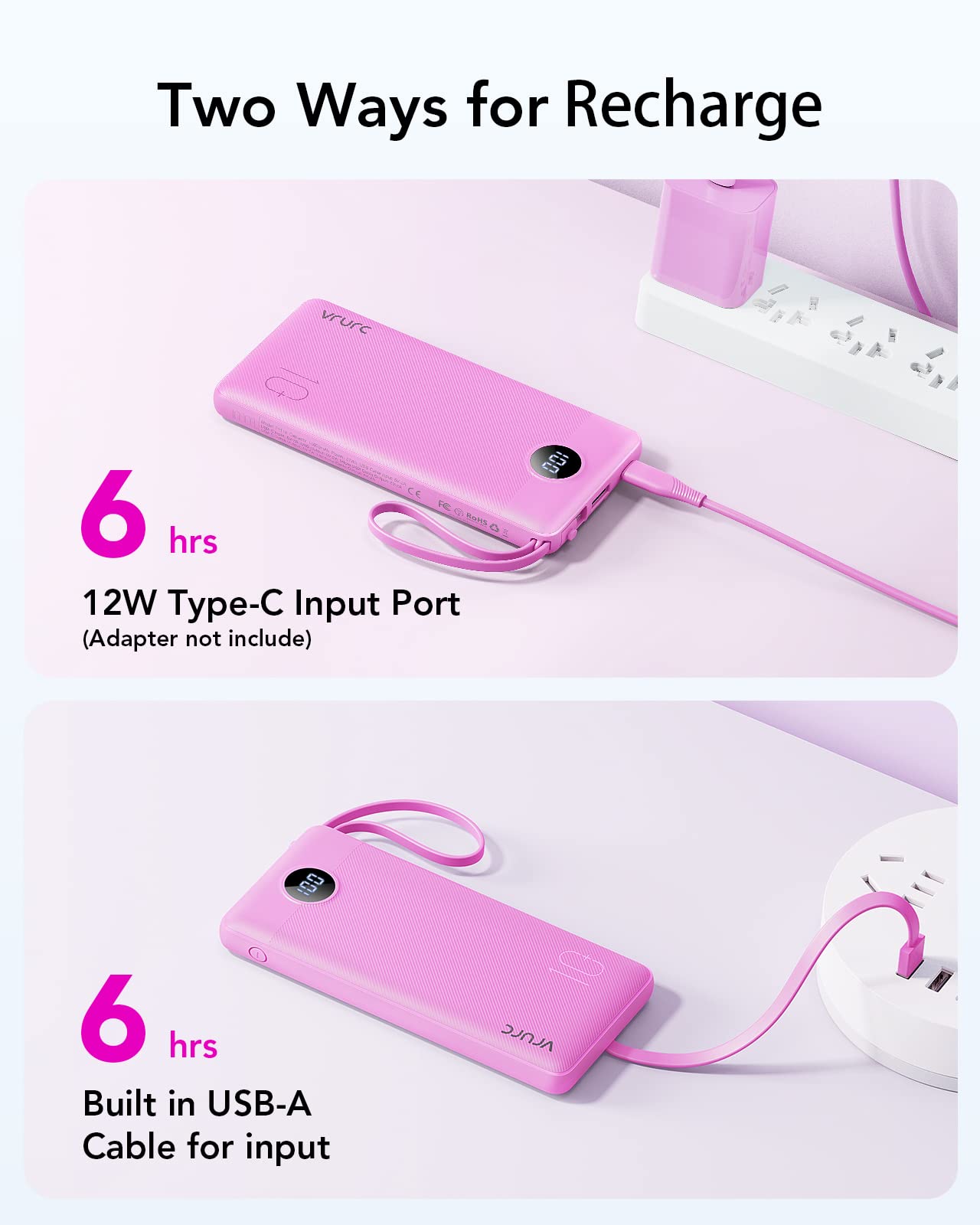 VRURC Portable Charger with Built in Cables, Slim Power Bank 10000mAh, USB C Battery Pack Travel Essential, 5 Outputs 2 Inputs Phone Charging Bank for iPhone 16 15 14 13,Samsung,Android-Black(1 Pack)
