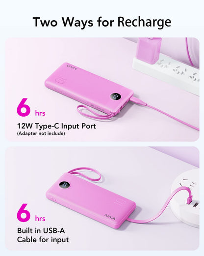 VRURC Portable Charger with Built in Cables, Slim Power Bank 10000mAh, USB C Battery Pack Travel Essential, 5 Outputs 2 Inputs Phone Charging Bank for iPhone 16 15 14 13,Samsung,Android-Black(1 Pack)