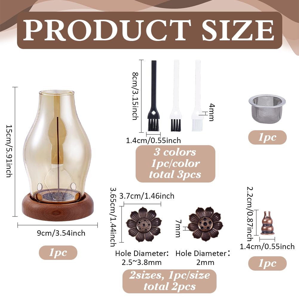FINGERINSPIRE 1 Set Wood Glass Lotus Candle Holder 2Pcs Lotus Incense Holders 1Pc Gourd Incense Burner Meditation with 3Pcs Ash Brush Votive Stand with 1Pc Hurricane Candle Holder Brown Zen Style