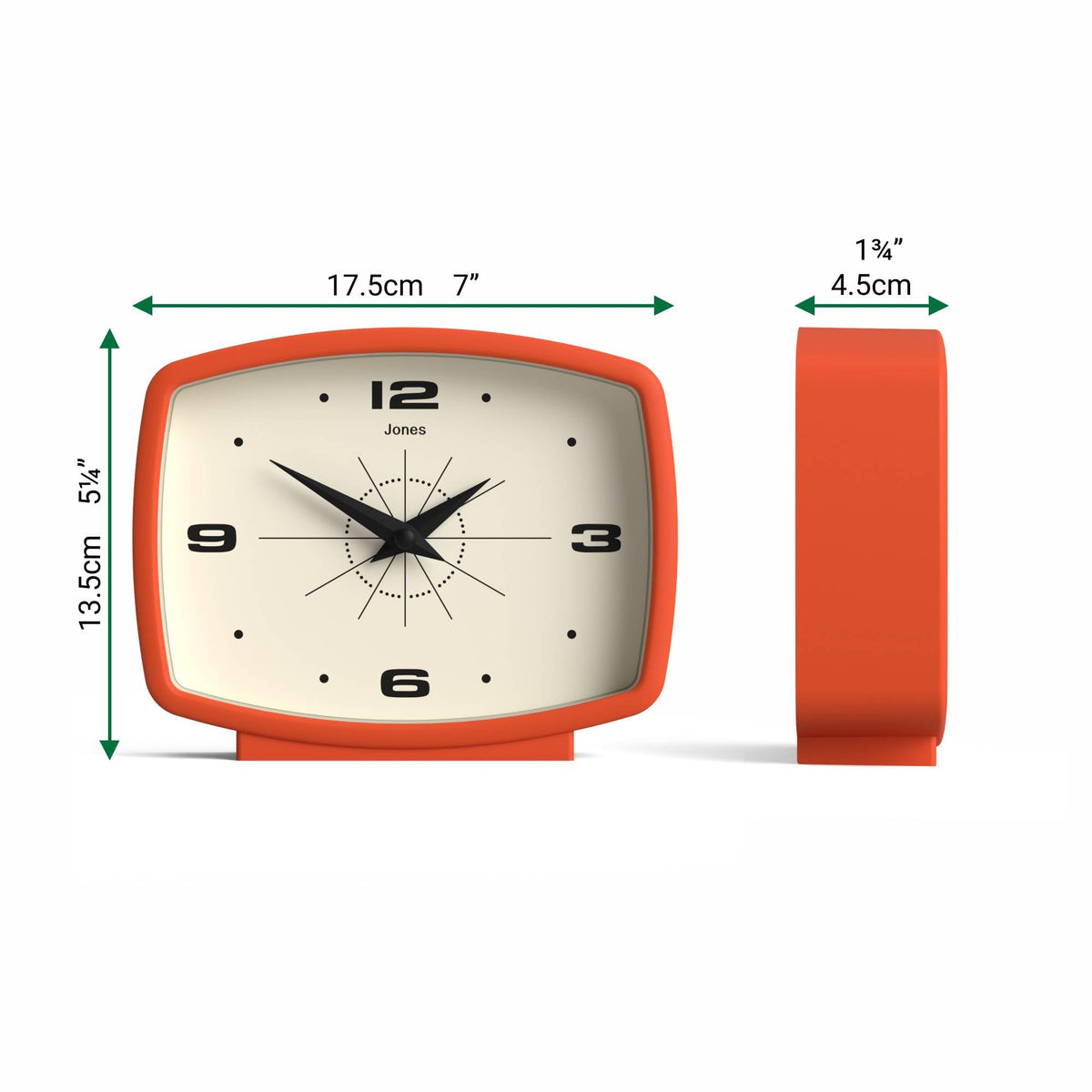 JONES CLOCKS® Film Desk Clock | Retro Rectangular Design | Orange | Retro Design, Blending mid-Century Style with a Punchy Modern Finish for Shelf, Table, Mantel or Bedside