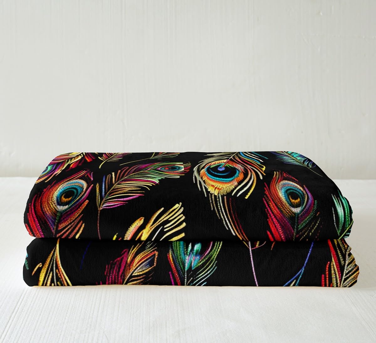 Feather Print Fleece Throw Boho Style Plush Sherpa Blanket for Sofa Couch Bed Women Peacock Bird Feathers Element Bohemian Design Warm Fuzzy Room Decor Throw 50"x60"