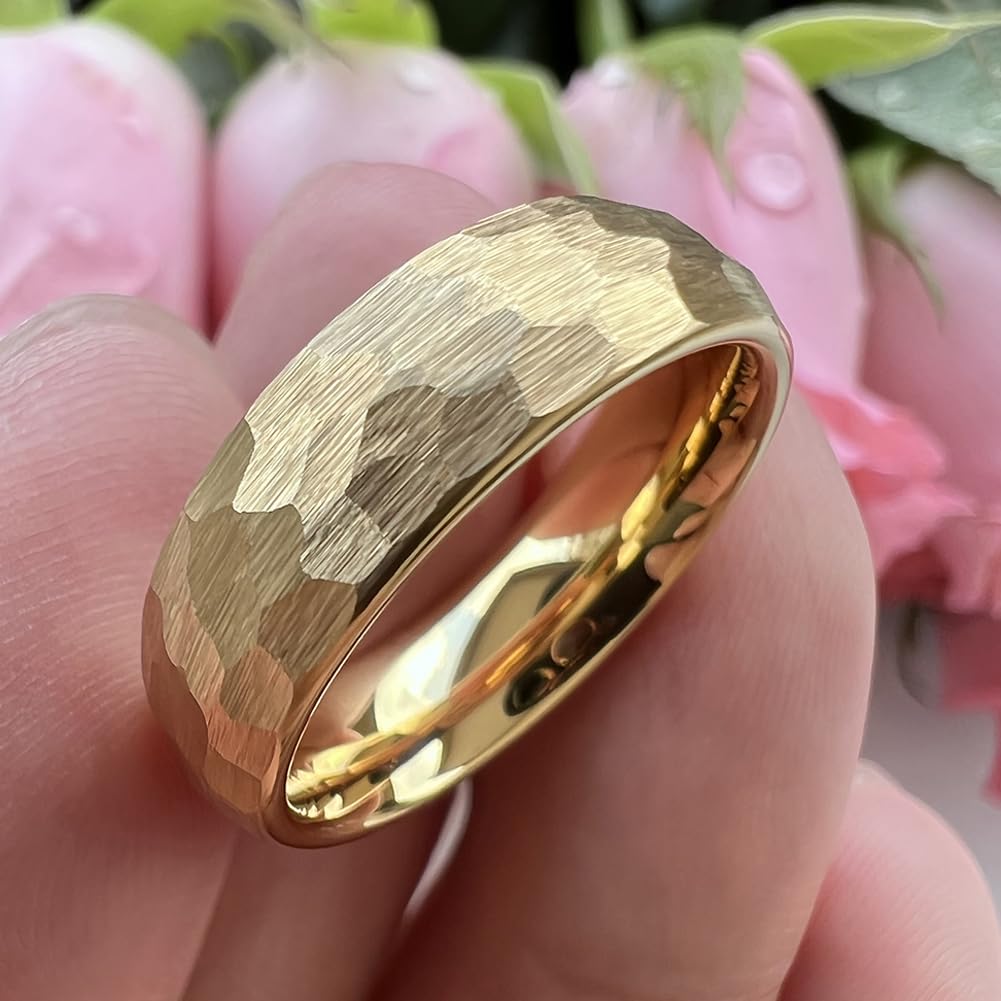 TUTISS 6mm Gold Hammered Tungsten Rings for Men Women Engagement Wedding Bands Domed Matte Finish Comfort Fit Size 5