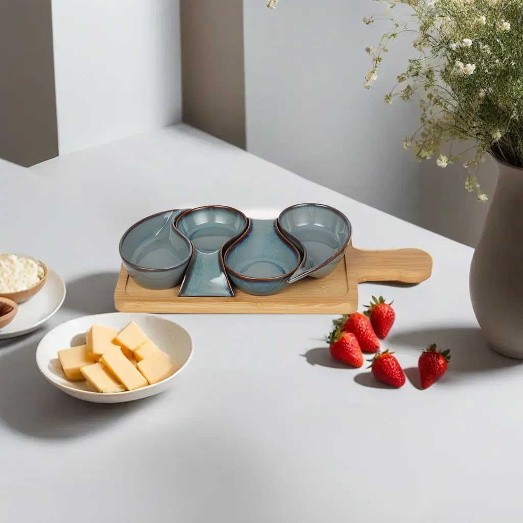 Cookspire 5-pc Porcelain Mini dip bowls for parties, Condiment serving tray, Mini Serving dishes for Olives, Nuts, Toppings; Ideal gift set for any occasion