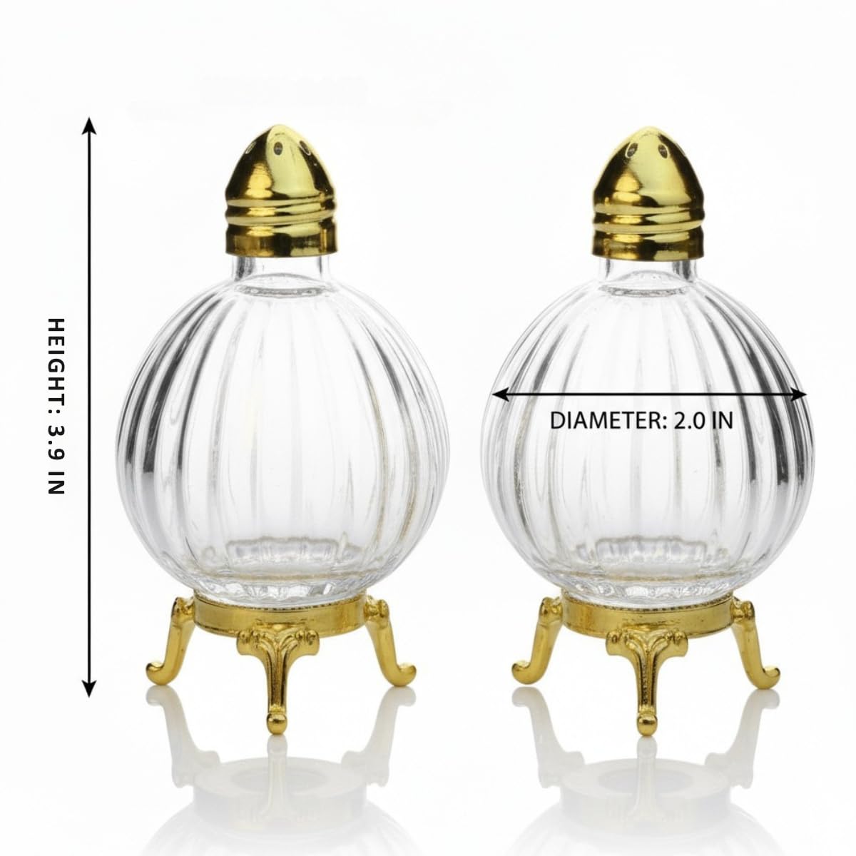 Decorative Glass Salt and Pepper Shakers, Globe Design, Gold-Silver Tone Metal Stand, Set of 2 (Gold)