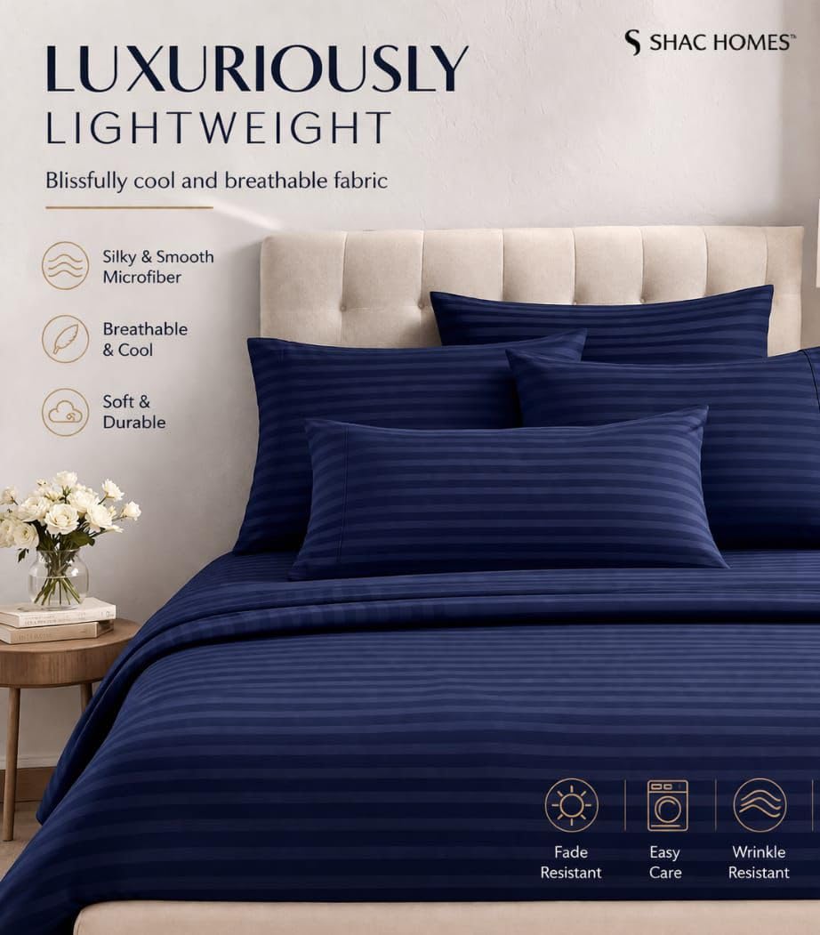SHAC HOMES King Sheet Set 4 Piece – Oeko-TEX Certified, Soft Brushed Microfiber, Deep Pocket 8"–12", Wrinkle & Fade Resistant, Breathable Cooling Sheets, Hotel Dobby Stripe – Navy Blue