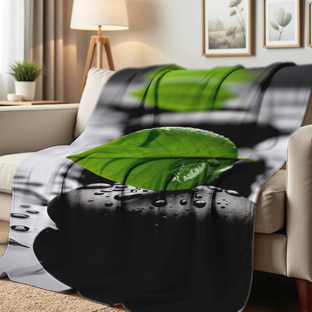HUNXIAOJ Zen Stone on Water Print Blanket Black and White Flannel Blanket Spa Throw for Home Bedding Couch Bed Yoga Room Meditation Decor Gifts (49"x59")