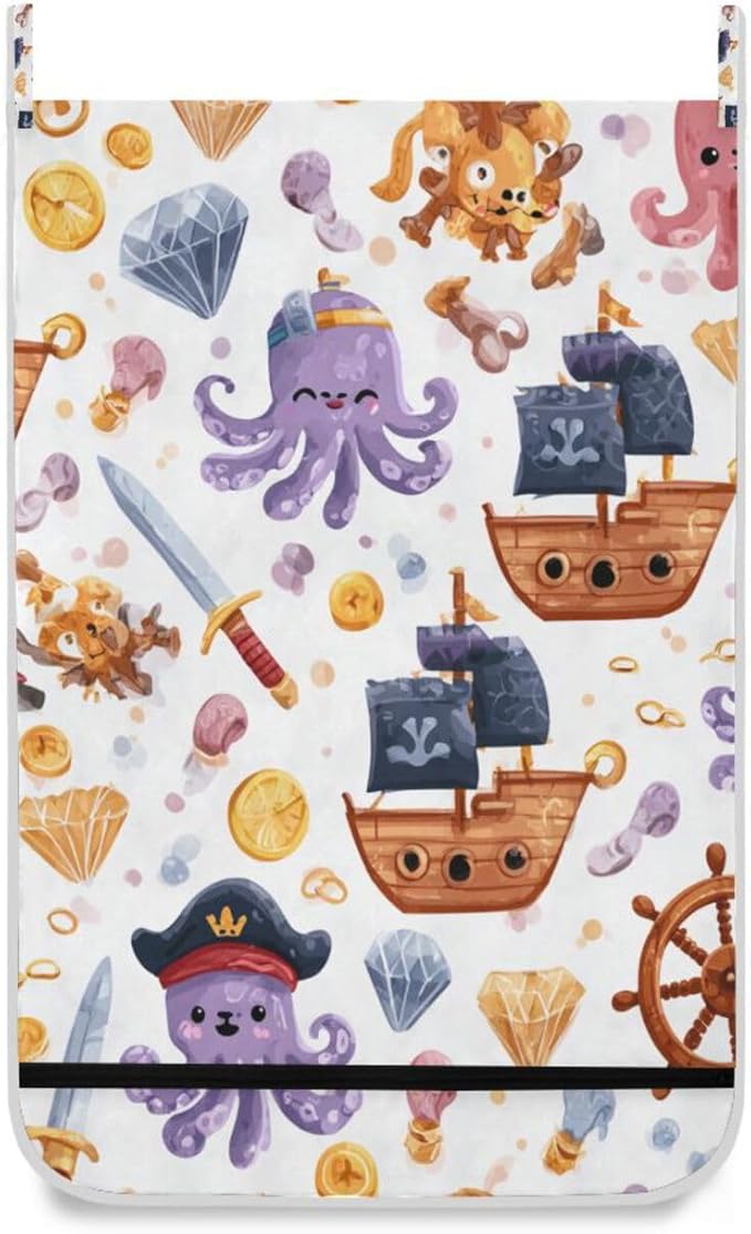 Cute Pirate Octopuses Sailboats Diamonds Hanging Laundry Hamper Door Hampers
