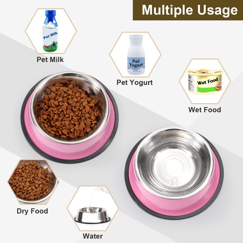 WERFORU 2 Pieces Dog Bowls Stainless Steel Dog Cat Pet Bowls for Feeding Water and Food Pink Medium Size