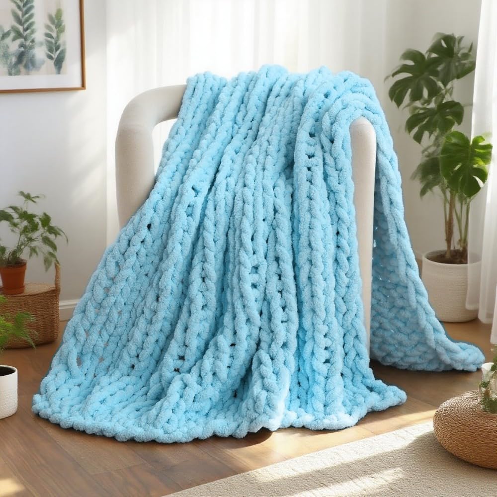 QIFONIX Handmade Chunky Knit Blanket, Cosy Chenille Throw (Blue, Throw (50" x 60"))
