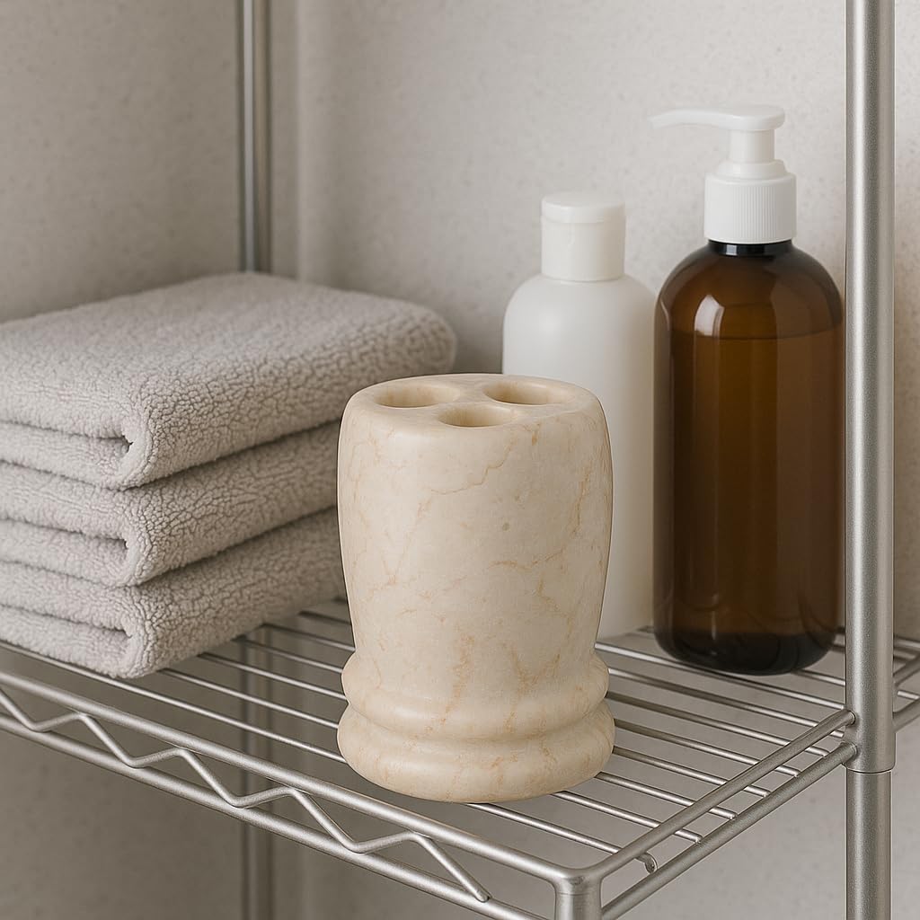 Creative Home Marble Toothbrush Holder, Natural Champagne Beige Double Ring Design, Hand Polished Finish, Weighted Stone & Water Resistant, 3-Slot Bathroom Countertop Organizer for Makeup Brushes