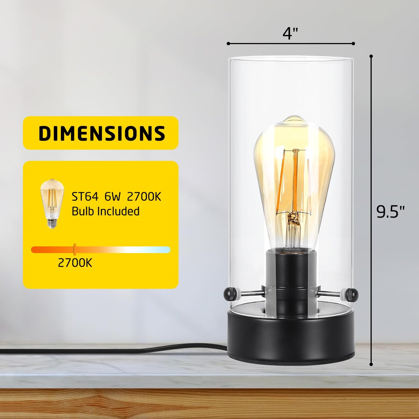 Kukobo Table Lamp for Bedroom, Modern Glass Lamp Bedside Table Lamps for Night Stands with 2700K 6W Glass Bulb,Small Night Light Lamps for Living Room Kids Office Desk Decor Black