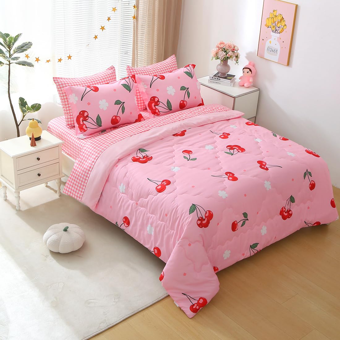 Gusuhome Girls Cherry Comforter Bedding Set Twin Size 7 Piece Pink Oriental Cherry Comforter Set Bed in A Bag for Kids Teens All Season (Comforter,Flat Sheet,Fitted Sheet and Pillow Sham)