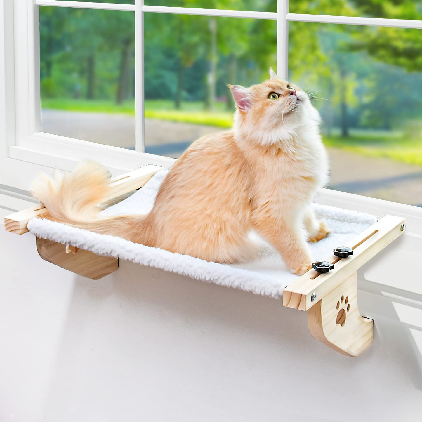 AMOSIJOY Cat Sill Window Perch Sturdy Cat Hammock Window Seat with Wood & Metal Frame for Large Cats, Easy to Adjust Cat Bed for Windowsill, Bedside, Drawer and Cabinet (21.7''-White Plush)