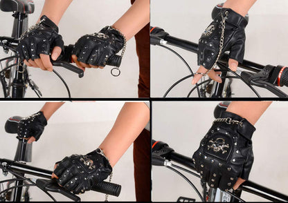 Steampunk Gothic Gloves Mens Vintage Geuuine Leather Captain Fingerless Mittens (Ring Black (A Pair))
