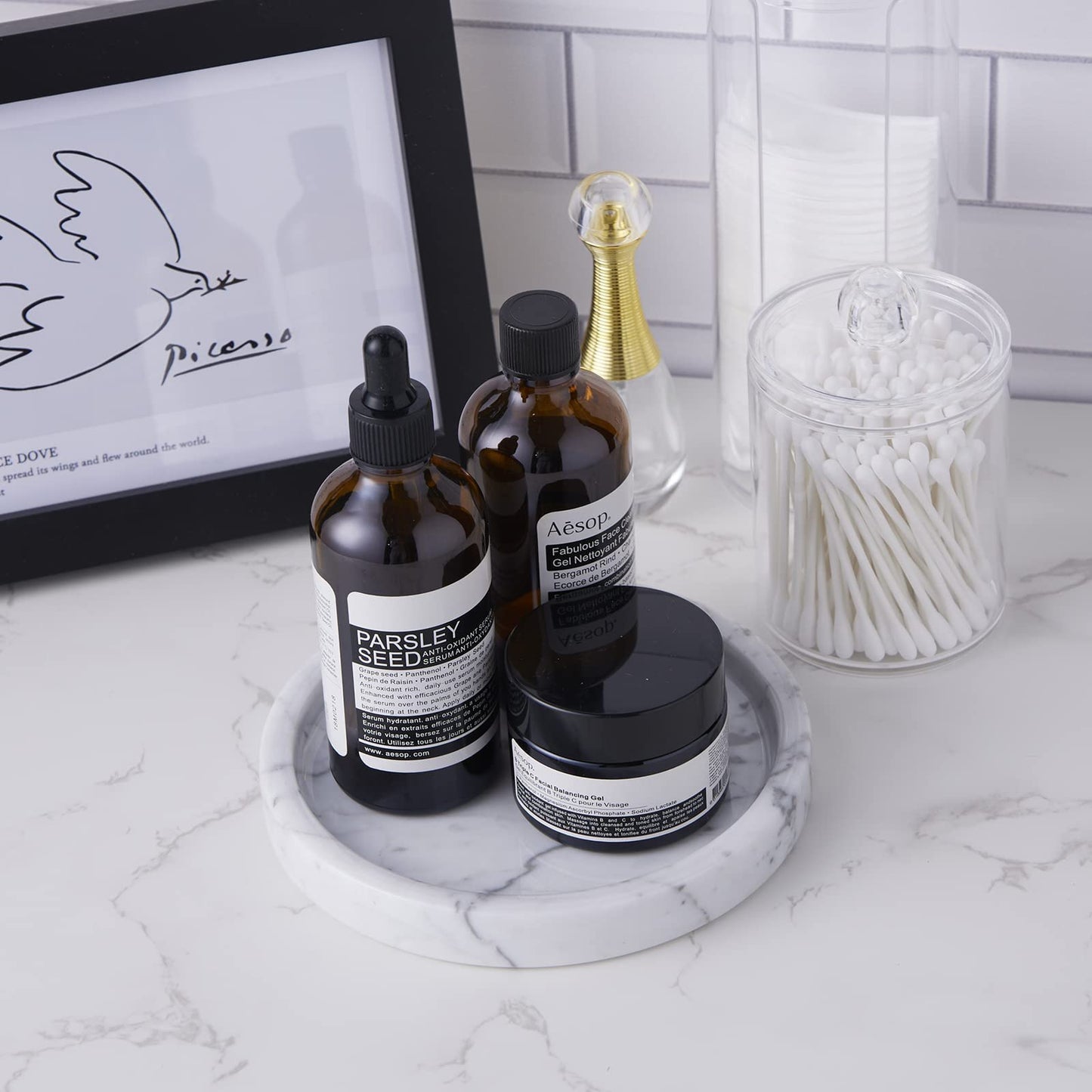 PHINILUX Italian 100% Marble Round Vanity Tray 5.5'', Decorative & Fruit Serving Trays for Bathroom, Kitchen, Nightstand, Jewelry Ring Dish Holder, Table Accents Decor, White