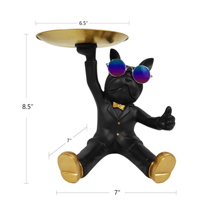 Cozy Villa French Bulldog Tray Statue, Black Frenchie Sculpture with Gold Tray for Entrance Coffee Table Décor, Dog Key Holder Jewelry Trays