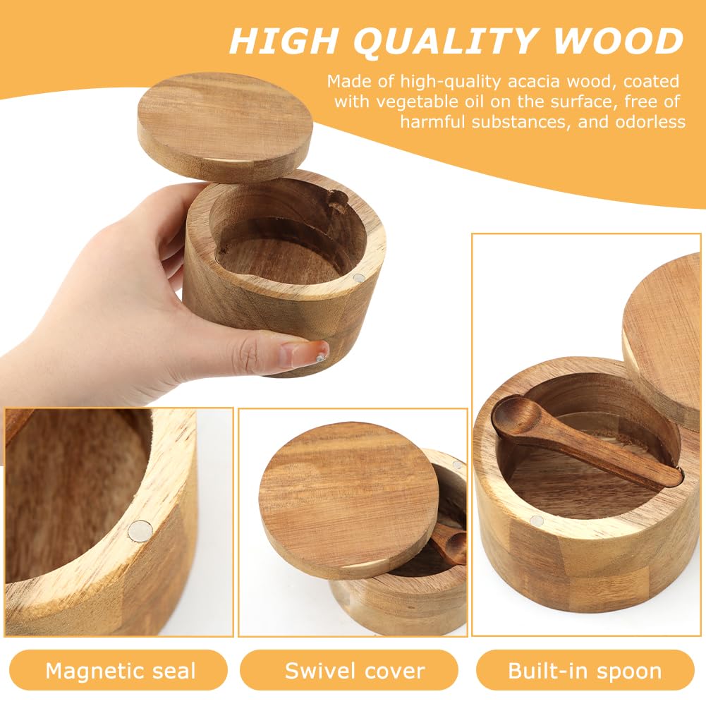 Velarionna Salt Cellar with Spoon – Wooden Acacia Bowl, Magnetic Lid for Pepper & Spices