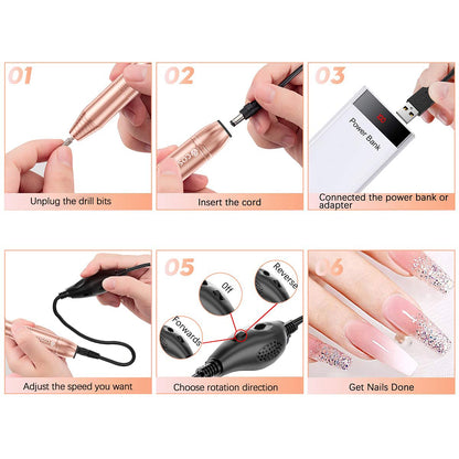 Electric Nail Drill,USB Electric Nail Drill Machine for Acrylic Nail Kit,Portable Electric Nail File Polishing Tool Manicure Pedicure Kit Efile Nail Supplies for Home Salon,Pink