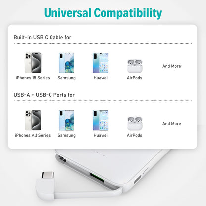Slim Portable Charger with Built in USB C Cable,20W Fast Charging Power Bank,Small Mini Lightweight Phone Battery Pack 6000mAh,Ultra Thin Travel Essentials for iPhone 17 16 15 Series,Samsung,Android