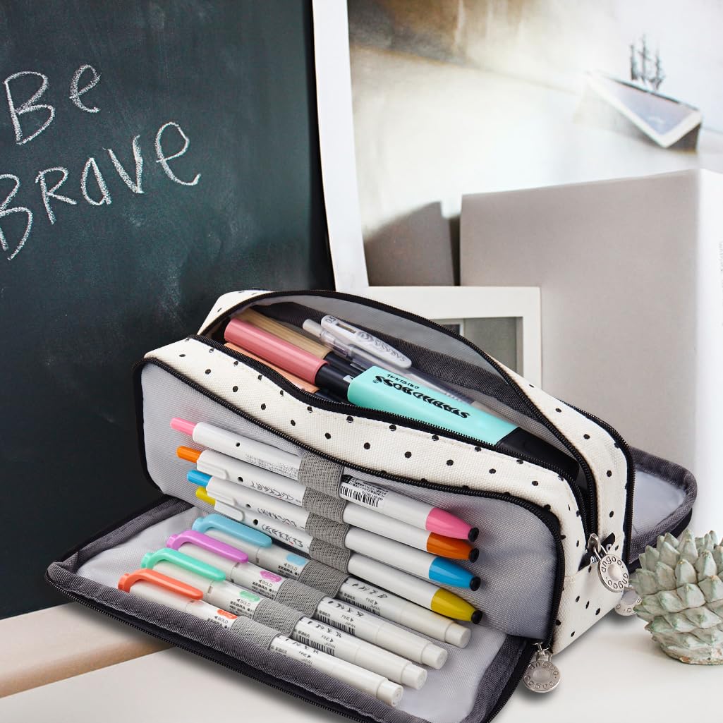 ANGOOBABY Large Pencil Case Big Capacity 3 Compartments Canvas Pencil Pouch for Teen Boys Girls School Students (Black Dot)