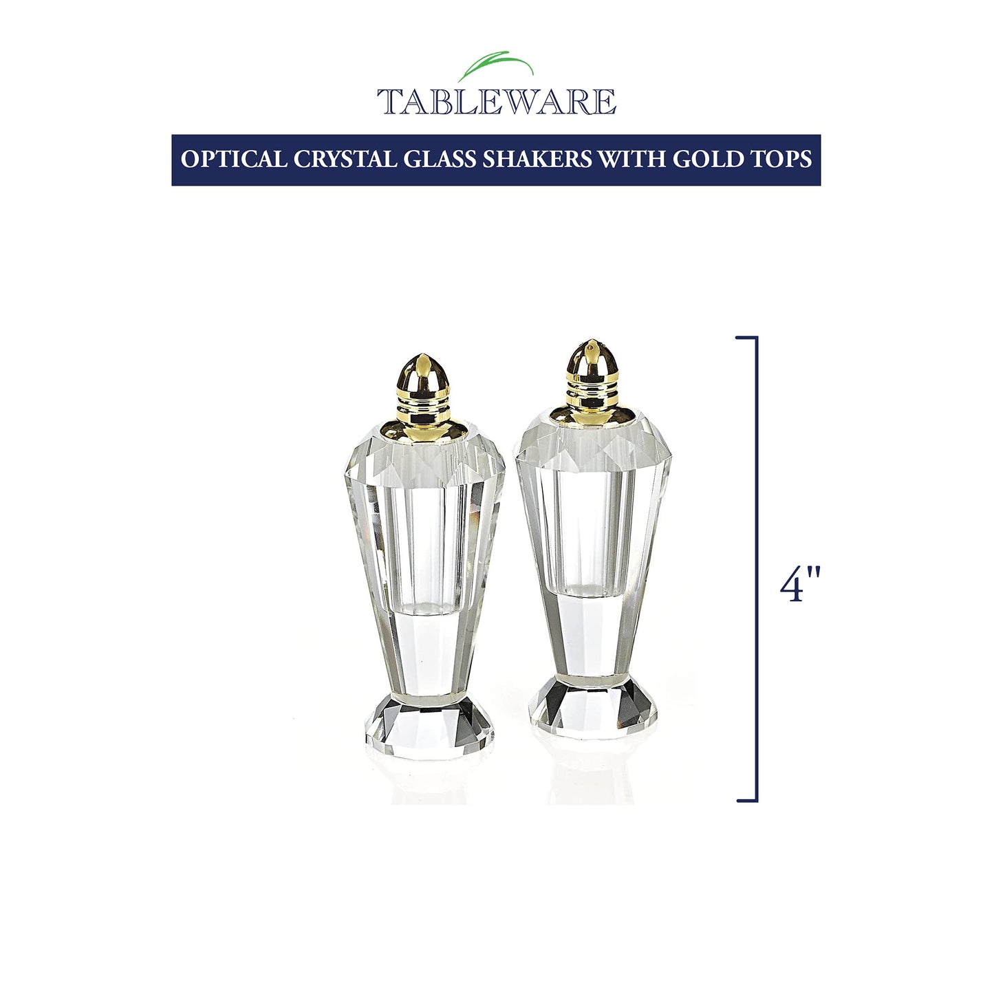Badash Crystal Salt and Pepper Shaker Set - 4" Tall Preston Hand-Cut Optical Crystal Glass Shakers with Gold Tops - Set a Beautiful Table