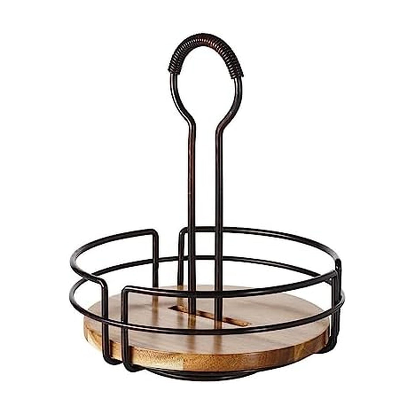Mikasa Gourmet Basics Hanover Condiment Caddy with Rotating Caddy Organizer Design, Acacia Wood Insert - Durable, BPA-Free, Heavy-Gauge Carbon Structured Steel for Condiment Storage