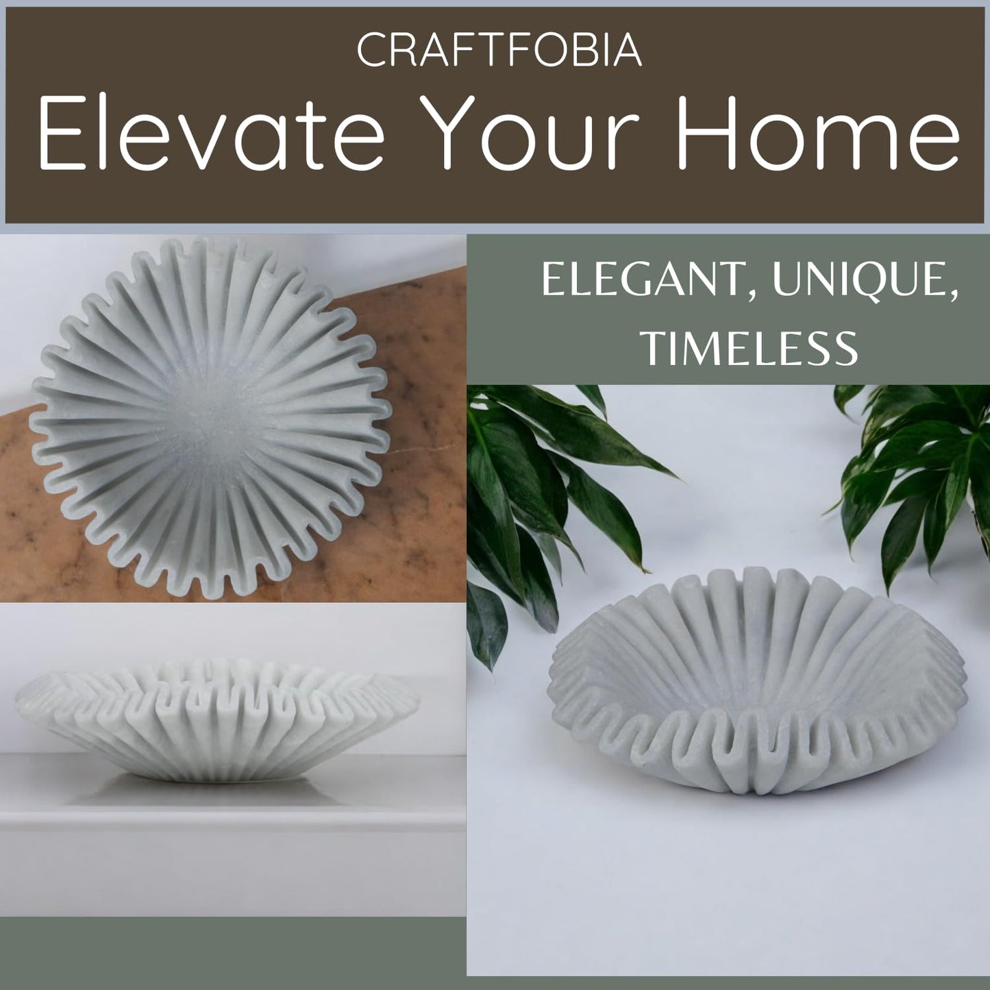 CRAFTFOBIA Marble Ruffle Bowl Handcrafted Decorative ScallopBowls - Antique Catchall Jewelry Dish Fruit Organizer for Home & Kitchen (6 inches)