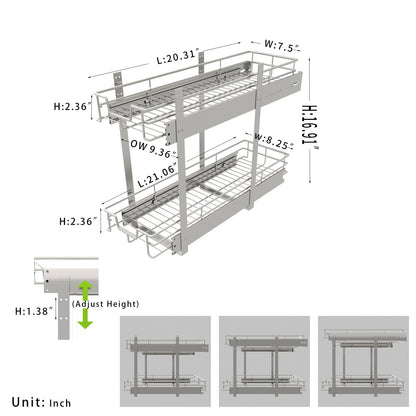 EZKAZA Pull Out Cabinet Organizer 9.5" W x 21" D, 2-Tier Kitchen Cabinet Pullout Shelf and Drawer Organizer Slide Out Pantry Storage Basket, 8.2" W x 21" D x 2.4" H for Bottom Basket Size