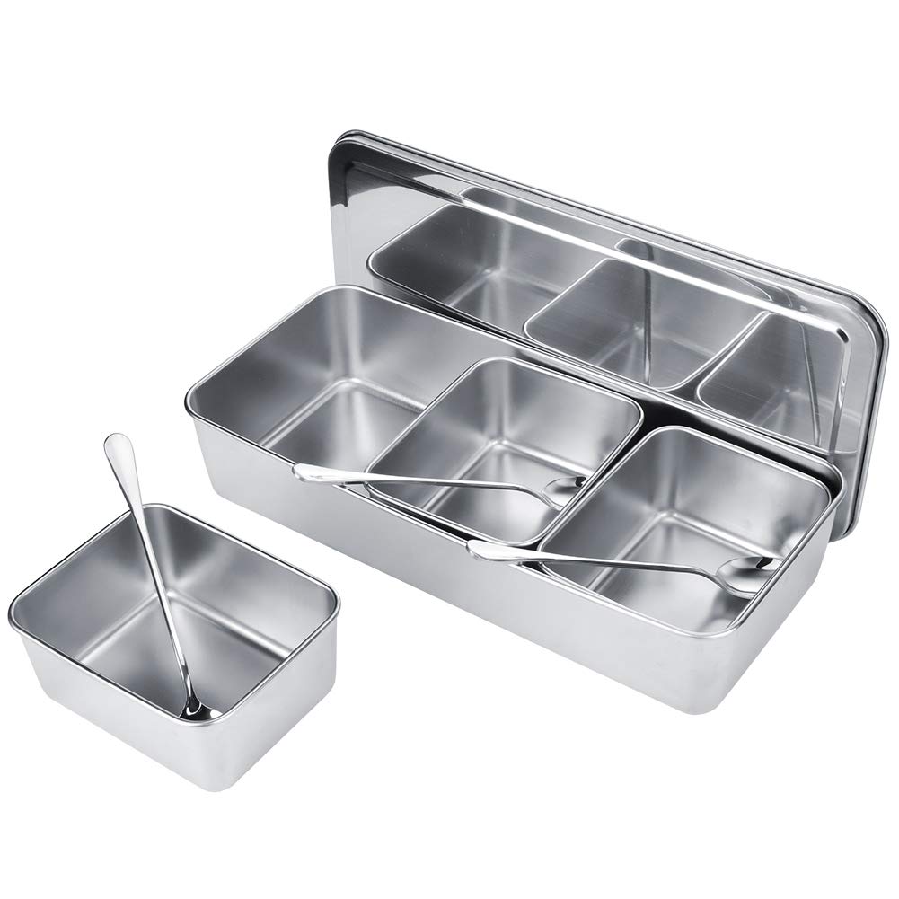 OUKENS Seasoning Container, 3‑Grid Stainless Steel Seasoning Rack Spice Pots Storage Container Condiment Jars Cruet with Cover and Spoon for Spice Salt Sugar