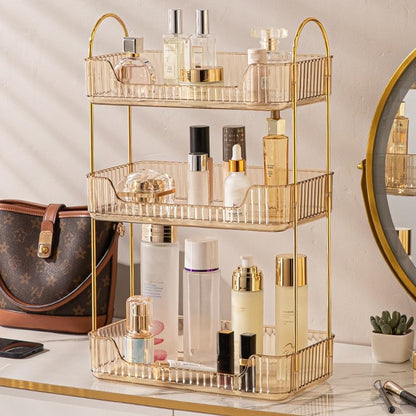 Bathroom Organiser Countertop, Vanity Trays for Bathroom, Skincare Makeup Organiser Shelf, Vanity Organiser, Bathroom Counter Shelf for Cosmetics, Toiletries, Lotions, Perfumes (3 Tiers, Amber)
