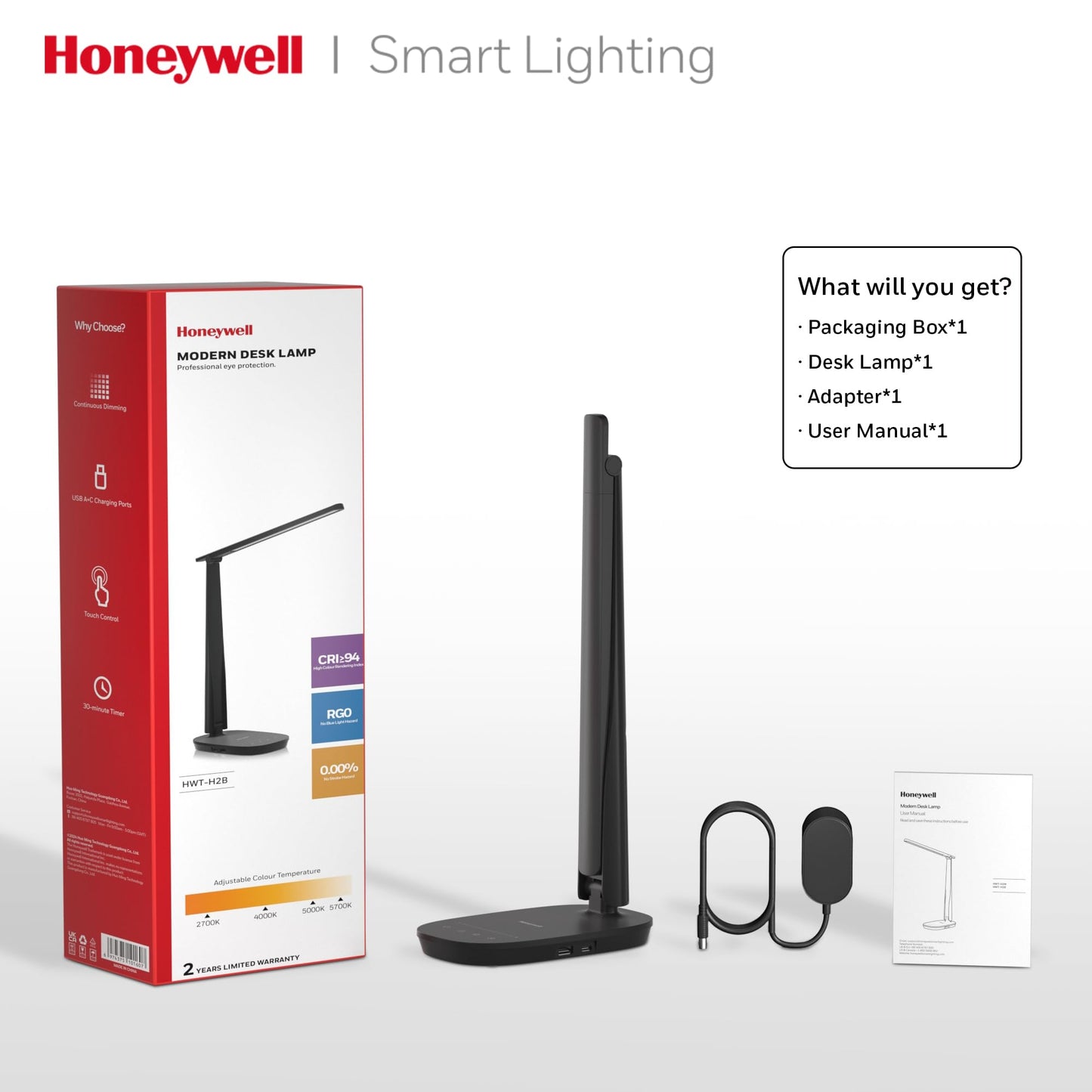 Honeywell LED Desk Lamp Eye Caring - Sunturalux H2 Table Lamp with USB Charging Port, 4 Colour Modes Stepless Dimmable, Auto Timer,Touch Control Foldable Desk Light for Home Office Bedroom Black