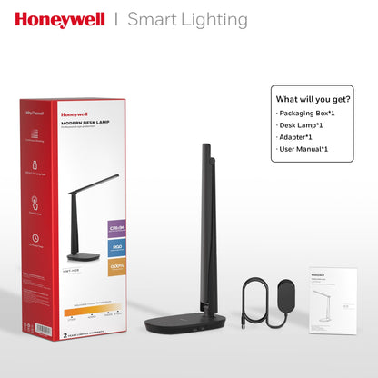 Honeywell LED Desk Lamp Eye Caring - Sunturalux H2 Table Lamp with USB Charging Port, 4 Colour Modes Stepless Dimmable, Auto Timer,Touch Control Foldable Desk Light for Home Office Bedroom Black