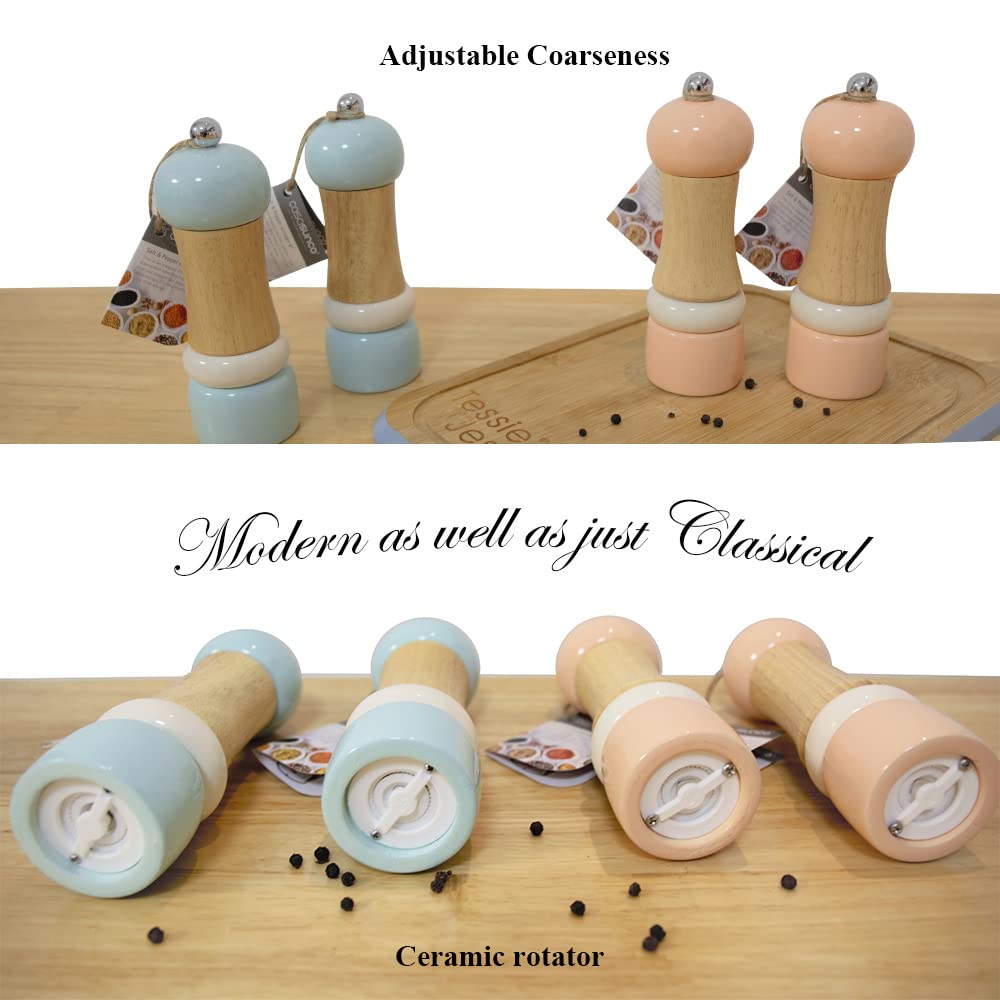 CASASUNCO Manual Salt and Pepper Grinder Set Salt & Pepper Mill Sets Wooden Salt Pepper Grinder Set Salt & Pepper Shakers Gift Set- Customized Coarseness - Ceramic Core - Blue+Peach (Set of 2, 6")