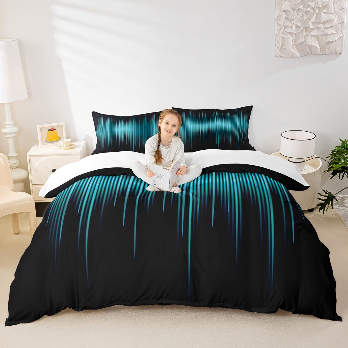 Geometric Abstract Kids Duvet Cover Set King Size,Blue Gradient Striped Lines Bedding Set,Boys Girls Adults Bedroom Decor,Modern Fashion Comforter Cover,Black Simple Quilt Cover,3pcs,2 Pillowcases