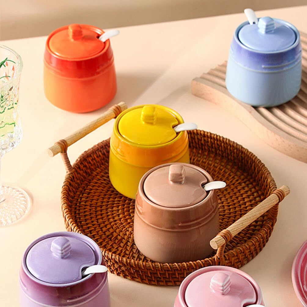 Kichvoe Ceramic Seasoning Jar with Spoon Salt Container Sugar Canister Condiment Storage Bottle for Kitchen Dining Table 3.81X3.34X2.24 Inches