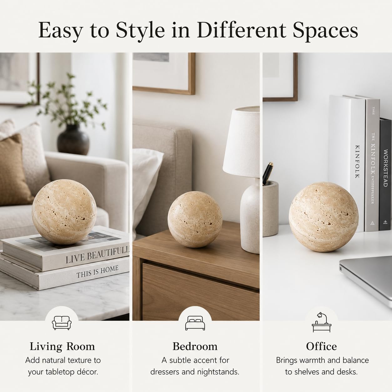 Artisanal Abode Natural Travertine Decorative Sphere, 3.94 Inch Stone Ball Decor, Hand-Polished Beige Orb Accent for Coffee Table, Shelf, Dresser and Living Room