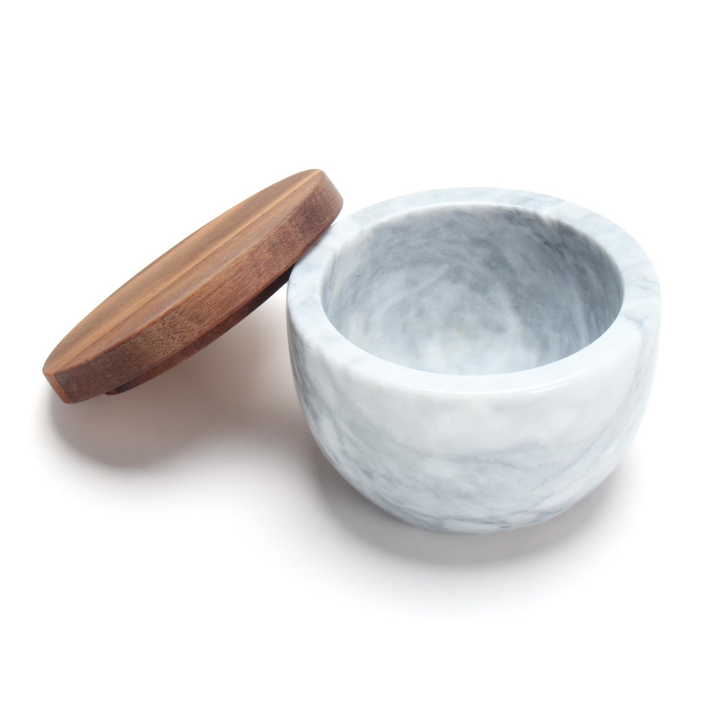 YACEYACE White Modern Marble Salt Bowl, 4oz Small Salt Cellar with Acacia Wood Lid, Elegant White Salt Spice Seasoning Bowl, Container Jar Holder