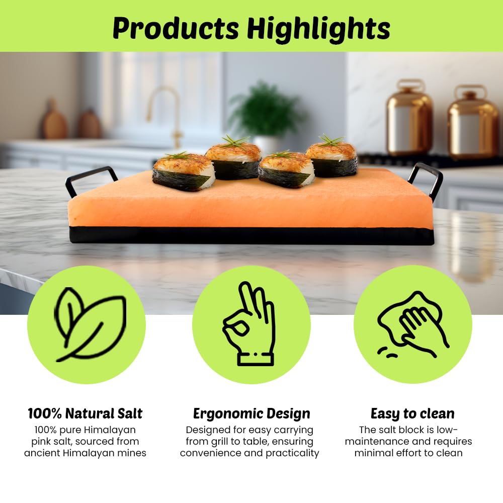 POHS Himalayan Salt Block Cooking Plate 12x8x1.5 for Cooking, Grilling, Cutting and Serving, with Metal Tray & Recipe Booklet Unique Gifts for Men, Women, Chefs & Cooks