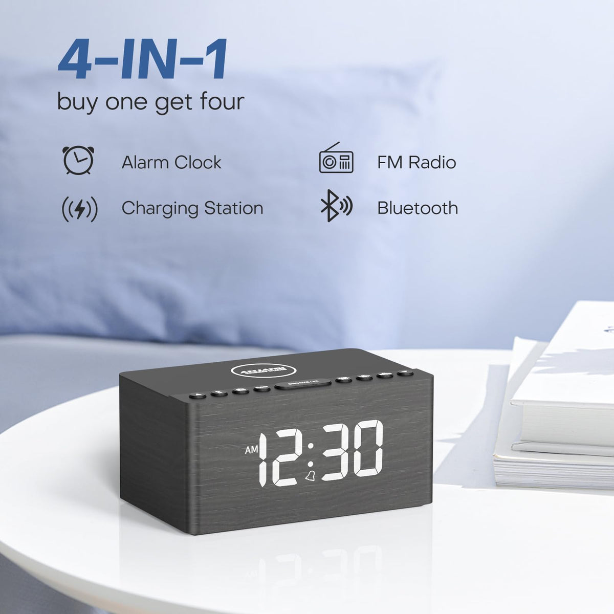 ANJANK Wooden Bluetooth Speaker Alarm Clock with Fm Radio, Wireless Charging Station for iPhone/Samsung, USB Charger Port, Dimmable Display, Sleep Timer, Digital Wood Bedroom, Bedside Grey+bluetooth
