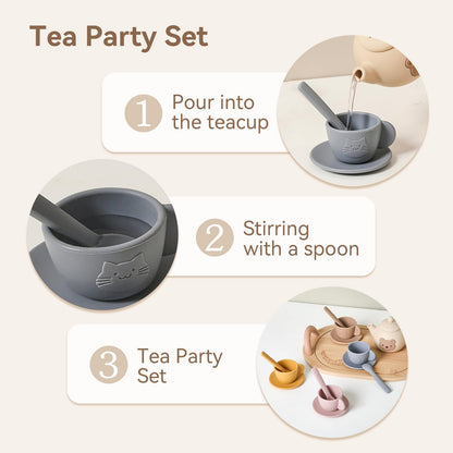 Tea Party Set for Little Girls 1-3 Kids Tea Set with Silicone Teapot Cups Coasters Carrying Scoop Wooden Tray, Kitchen Accessories Pretend Play for Girls Boys Age 3 4 5 (15 Pcs)